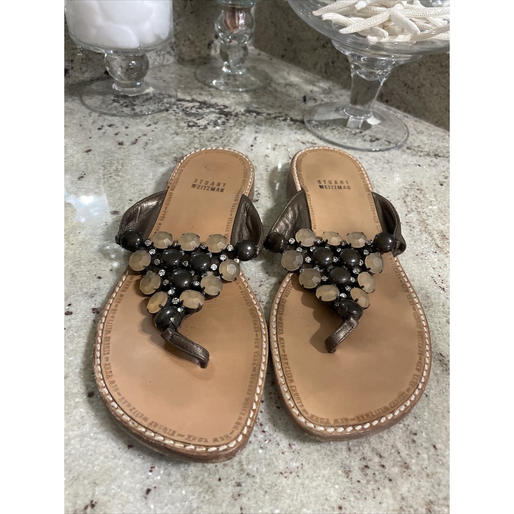 Stuart Weitzman Crystal Accent Slides 6.5 Brown Tan Leather Sandal Beach Wedding